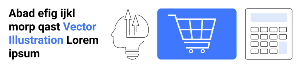 Poster - light bulb with arrows, cart on blue background, and calculator in grid style. ideal for innovation,