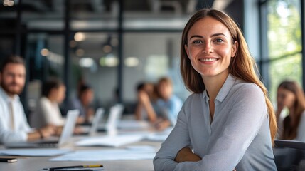 Aufkleber - Businesswoman is smiling while sitting at her desk with her arms crossed in a busy office