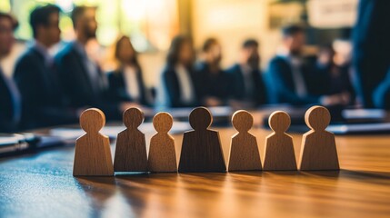 Poster - Wooden figures representing a diverse business team standing in a row, with blurry businesspeople in the background