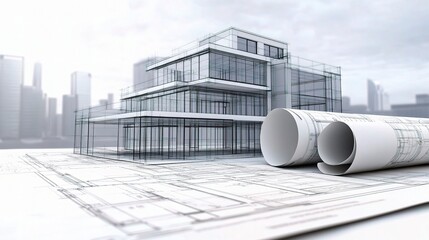 Poster - Detailed Architectural Blueprint Overlay with Modern Building Design