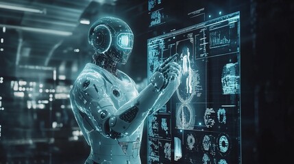 Poster - Advanced AI Robot Presenting Healthcare Solutions in Modern Setting