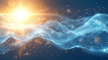 a blue and gold abstract background with a bright sun