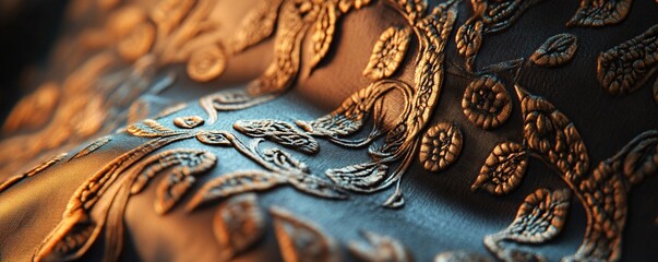 Aufkleber - Elegant and luxurious dark blue fabric with golden floral pattern embroidery