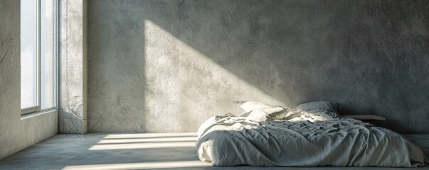 Poster - Minimalist bedroom with concrete wall and linen sheets bathed in sunlight