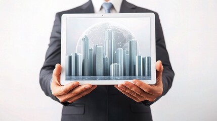 Poster - Businessman Holding Tablet Displaying Earth and Cityscape Design