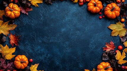 Poster - Autumnal background with pumpkins and maple leaves forming a frame on dark blue background with copy space