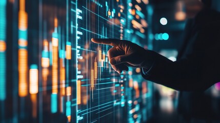 Poster - Businessman Pointing at Glowing Data Display in Close-Up View
