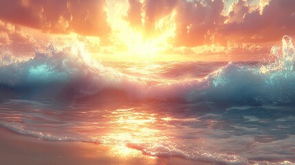 Wall Mural - a sunset over the ocean with waves crashing on the shore