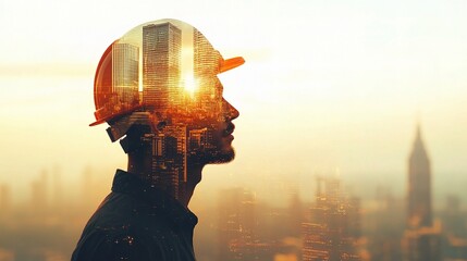 Poster - Civil Engineer Portrait Wearing Hardhat Against Urban Skyline View