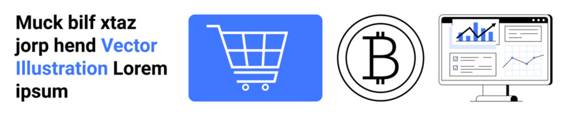 Poster - shopping cart icon, bitcoin symbol, and screen with analytics represent e-commerce, cryptocurrency, 