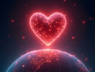 Fototapete - A vibrant red heart glows atop a stylized, dark globe, with delicate red heart-shaped lines encircling it