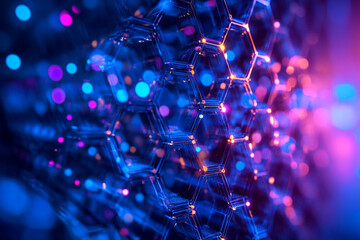 Poster - Hexagonal Molecular Structure with Blue and Purple Glowing Particles Abstract Design