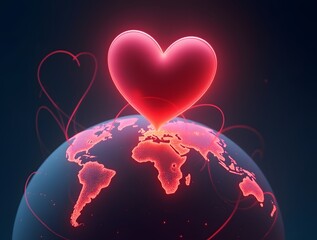 Fototapete - A vibrant red heart glows atop a stylized, dark globe, with delicate red heart-shaped lines encircling it