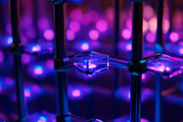 Poster - Abstract Metallic Structure with Clear Cubes and Glowing Blue Purple Lights