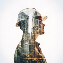 Poster - Innovative Double Exposure of Engineer with Skyscrapers Background