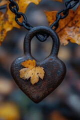 Aufkleber - Weathered heart-shaped lock dangles from a chain against a backdrop of autumn leaves