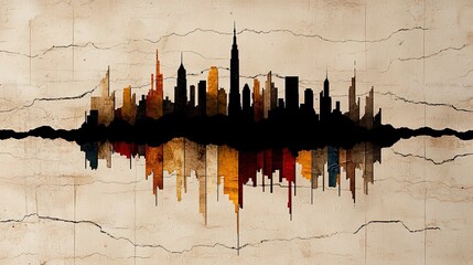 Poster - Minimalist Artistic Rendering of Manhattan Skyline with Nature Inspired Elements and Unique Textures on a Vintage Background
