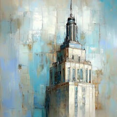 Poster - Minimalist Artistic Interpretation of a Towering Structure Against a Soft Blue Background with Textured Abstract Elements