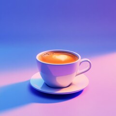 Poster - Aromatic Latte Art: A Cup of Coffee in a Cup with a Heart, Bathed in Soft, Dreamy Pink and Blue Lighting