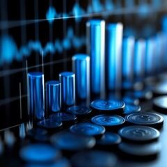 Poster - Cryptocurrency and Finance: Abstract Digital Graph with Coins, Data Analysis and Investment in Blue Tones