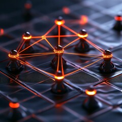 Fototapete - Digital Network: Chess Pawns Interconnected with Glowing Red Lines on a Textured Grid