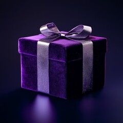Poster - Elegant Purple Velvet Gift Box with Silver Ribbon on a Dark Surface for a Luxurious and Special Occasion