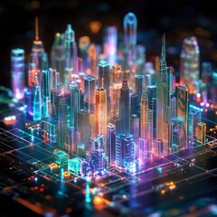 Aufkleber - Neon Cityscape: A Futuristic Metropolis Gleaming with Vibrant Light and Digital Energy, Depicting Technology and Urban Innovation