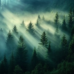 Poster - Sunbeams Through Misty Evergreen Forest: A Serene and Enchanting Natural Scene