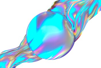 Aufkleber - Lustrous, iridescent sphere is wrapped in a flowing, colorful ribbon against a soft white background. This 3D illustration exudes a futuristic and elegant vibe with its smooth textures.