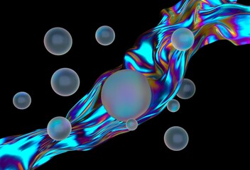 Aufkleber - Glowing spheres float around a vibrant, iridescent wave against a black background, creating a dynamic and surreal 3D landscape full of color and motion.