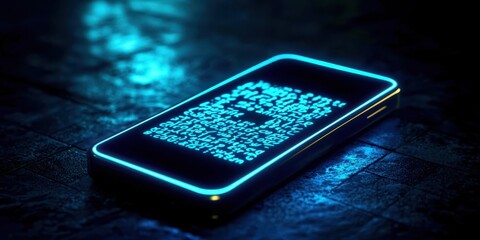 Poster - A QR code is lit up in neon colors in a futuristic setting