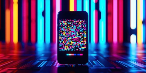 Poster - A QR code is lit up in neon colors in a futuristic setting