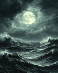 dramatic seascape with a radiant moon illuminating turbulent waves under a stormy sky creating a pow