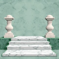 Poster - Minimalist Nature Inspired Design Featuring Elegant Stone Pillars and a Green Marble Background for Serenity and Balance in Art