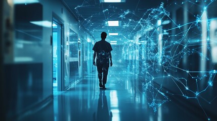 Poster - Silhouette of a healthcare professional in a digital corridor setting