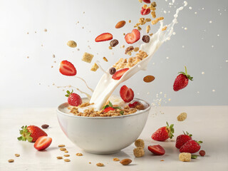 Poster - Dynamic milk splash from a cereal bowl with flying strawberries, almonds, and cereal pieces creating an energetic scene.