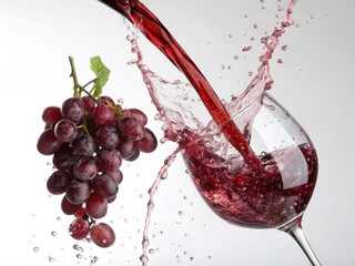 Fototapete - Pouring vibrant red wine into a glass alongside a bunch of glossy red grapes.

