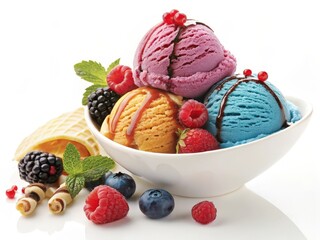 Poster - Ice cream bowl featuring scoops in pink, orange, and blue shades topped with chocolate syrup, berries, and mint alongside a broken waffle cone and rolled wafer sticks.