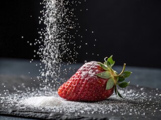 Fototapete - A ripe strawberry is sprinkled with sugar against a dark background. The sugar creates a mist that partially covers the strawberry, which is positioned to the right with its green leaves visible.