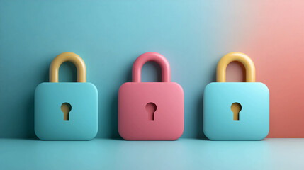 Poster - Three colorful locks for security and protection against cybercrime and data breaches online and offline