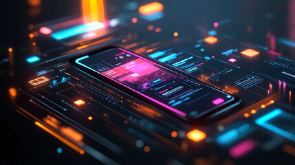 Poster - Futuristic mobile app development ui design concept for smartphone digital technology interface showcase