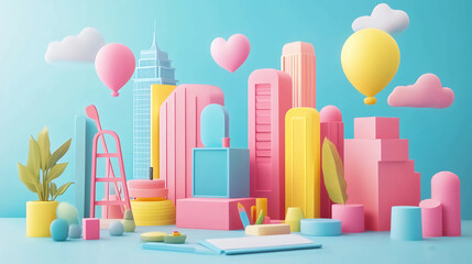 Poster - Pastel city landscape background with balloons clouds and building illustration render design art