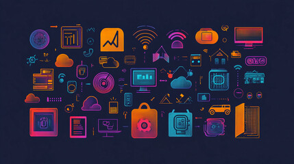 Poster - Colorful technology icons vector illustration of digital network communication and connection design 100