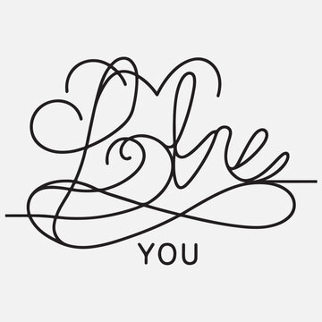 Continuous line drawing of love you text and heart. Love symbol. Vector illustration