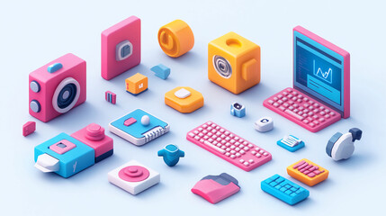 Fototapete - Isometric technology gadgets devices digital art laptop camera keyboard mouse headphones illustration
