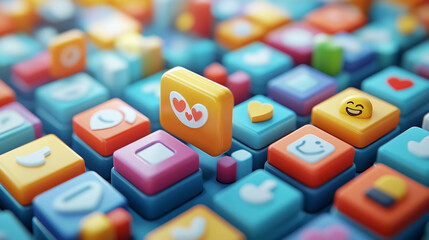 Poster - Colorful social media icons background for app development and ui design with creative emoji and hearts art