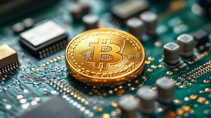 Poster - Bitcoin cryptocurrency golden coin on circuit board technology future of money digital finance investment 100