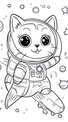 Wall Mural - whimsical space cats coloring page: alien pirate cat in galaxy adventure for kids