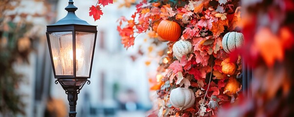 Aufkleber - Street lamp illuminating pumpkins and fall leaves decoration