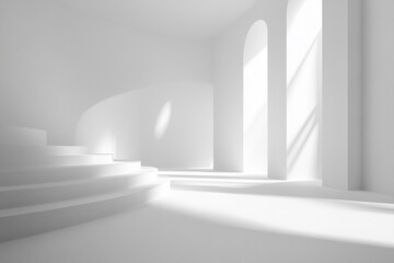 Poster - white architectural interior with steps and arched openings in minimalist style